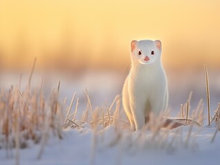 The stoat - Mustela erminea in the snow at winter