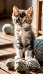 Fototapeta na wymiar Kitten's Yarn Play