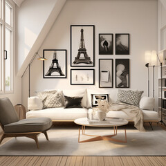 Modern Danish living room design with tall ceiling with old-world Parisian touches