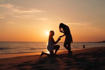 Lesbian woman on her knees asking another woman to marry her on the beach during a beautiful sunset. Same-sex couples asking for marriage with copy space.
