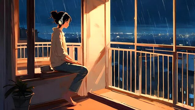 lofi young girl anime sitting alone on the balcony at night looking rains and strom outside. illustration lofi hip hop music Atmospheric chill and relaxed. looping video animated.