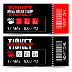 Naklejka premium Cinema ticket in modern style to invite to watch the movie, at the film festival or cinematographic event. Invitation coupon, talon or voucher to the cinema suitable for web or ready to print.
