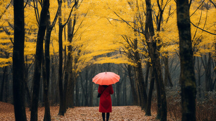 japanese girl with red umbrella in the yellow leaves forest