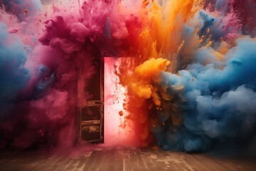 Colorful smoke coming out of a doorway