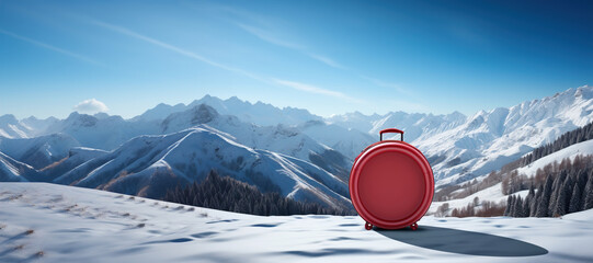 A red suitcase sitting on top of a snow covered field. Mountains and trees on winter background.