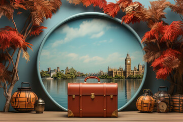 A suitcase sitting in front of London wallpaper with Big Ben. Minimalist London tourist concept.