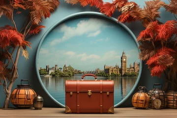 Fotobehang A suitcase sitting in front of London wallpaper with Big Ben. Minimalist London tourist concept. © Degimages