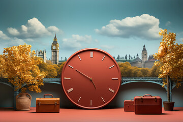 A suitcase sitting in front of London wallpaper with Big Ben. Minimalist London tourist concept.