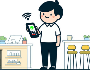 man makes contactless payment with smart Phone, applying gadget with NFC chip to POS terminal from cafe.