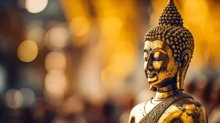 Poster Metallic Buddha statue in the temple with bokeh light and garden background. © Virtual Art Studio