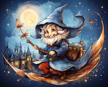 Buona Befana greeting card, old witch flying on a broom in the night to bring presents.