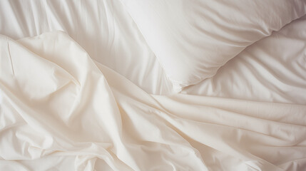 Top view of sheets and pillows. White linens. Bed texture. Generated AI - obrazy, fototapety, plakaty