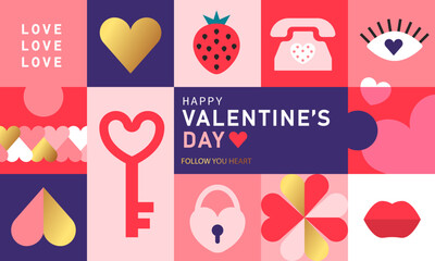 Happy Valentine's day, February 14th. Vector illustration for banner,greeting cards, posters, holiday cover . Abstract design with romantic decorative elements. Modern minimalist geometric style.