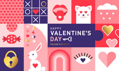 Happy Valentine's day, February 14th. Vector illustration for banner,greeting cards, posters, holiday cover . Abstract design with romantic decorative elements. Modern minimalist geometric style.