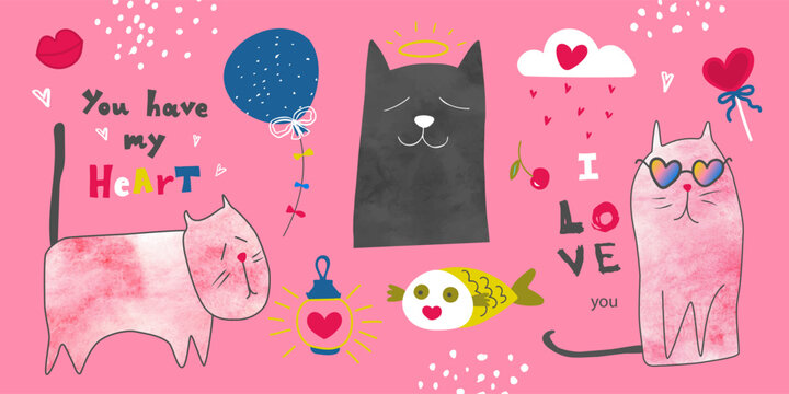Valentine's Day, February 14.Collection of cute elements for decorating cards, banners, invitations, covers and much more.Funny kitties, handwritten inscriptions, hearts and other details