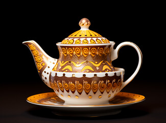Authentic Handmade Asian Teapot with cup in Gold and colors, handmade traditional pattern on it, ceramic material