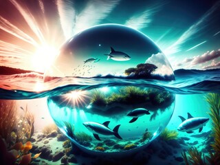 Ocean water world in a crystal ball for International Earth Day. Generative ai.