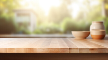 Empty minimal natural wooden table counter podium in the kitchen - obrazy, fototapety, plakaty