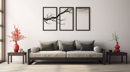 Home interior in japanese style, home interior design of modern living room. Grey sofa with black cushions against wall with poster frame