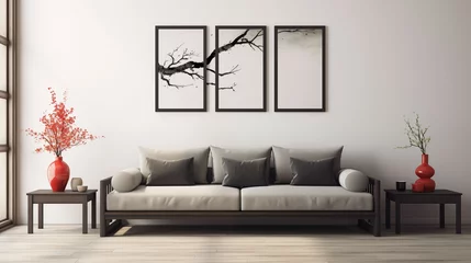 Fotobehang Home interior in japanese style, home interior design of modern living room. Grey sofa with black cushions against wall with poster frame © Thanapipat