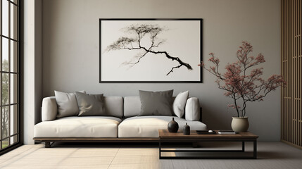 Home interior in japanese style, home interior design of modern living room. Grey sofa with black cushions against wall with poster frame