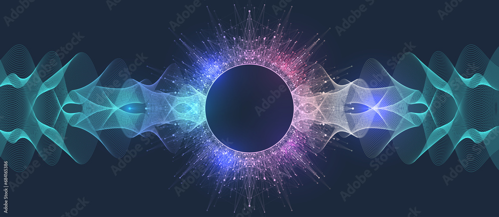 Poster Quantum Computing Idea Design Element Concept. Deep Learning Artificial Intelligence. Generative AI. Big Data Algorithms Visualization For Business, Science Presentation, Poster, Cover, Illustration