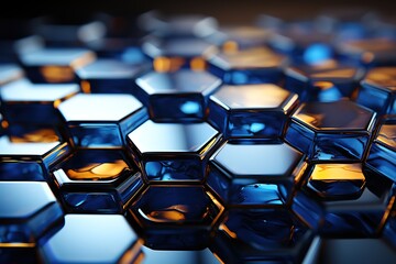 Fototapeta premium Hexagon panoramic blue texture. Blue hexagon mosaic background Generative AI