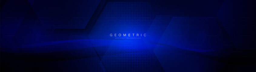 Abstract geometric hexagon futuristic digital hi-technology with a halftone on a dark blue background. Trendy blue minimal geometry banner. Vector illustration