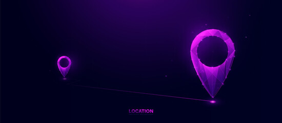 Location marking with a pin. Navigation locator map. GPS. Low polygonal wireframe mesh lines and triangles, point connecting on purple background. Illustration vector - obrazy, fototapety, plakaty