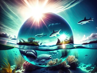 Ocean water world in a crystal ball for International Earth Day. Generative ai.