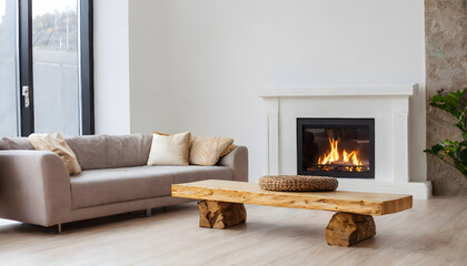 Rustic wooden coffee table near a sofa. classic stove Modern living room farmhouse interior design.