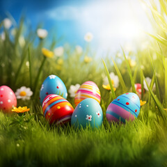 Painted colored Easter eggs in green grass. Bright saturated colors, sunny spring day. Flower field, fresh meadow.