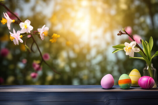 Colorful painted Easter eggs lying on a table next to blooming flowers, wooden surface and blurred natural background. Sunny spring day. Mockup bunner with copy space in the center. Framing wallpaper.