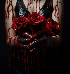 Bleed hands holding a bouquet of flowers, dark fantasy, abstract poster, broken heart, valentine day