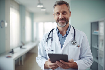 Portrait of a smiling doctor standing in a doctor's office.