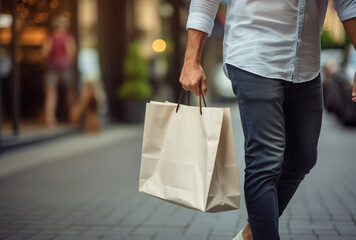 closeup of white male hands holding shopping bags. Ai generated Images