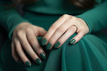 Glamour woman hand with green color nail polish on her fingernails. Green nail manicure with gel polish at luxury beauty salon. Nail art and design. Female hand model. French manicure. - obrazy, fototapety, plakaty