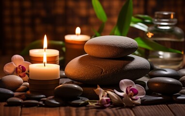 Fototapeta na wymiar Relaxing Zen Stones and Candlelight for Meditation