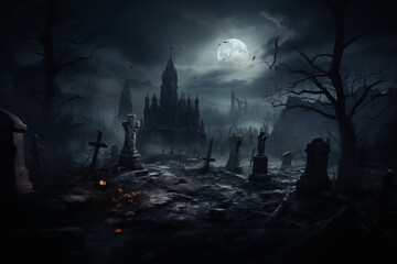 spooky halloween cemetary with castle, full moon and old forest