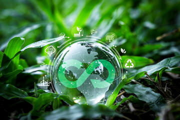 Crystal world on green grass with infinity symbol and environment ecology include reuse reduce recycle carbon reduction and alternative consumption energy for circular economy and sustainable concept.