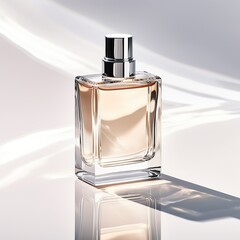 A chic clear perfume bottle captured with dynamic light and shadows, creating a sophisticated image