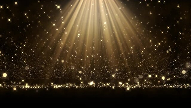 4K Spotlight with flying particles. Gold color rays. Empty scene with light for product. Xmas background. Isolated on black. Christmas animation