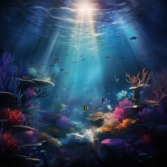 Diverse and bustling underwater ecosystem teeming with fish among colorful corals under sun rays