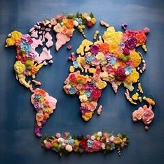 Stunning world map arrangement created with warm-toned flowers and leaves against a dark blue backdrop