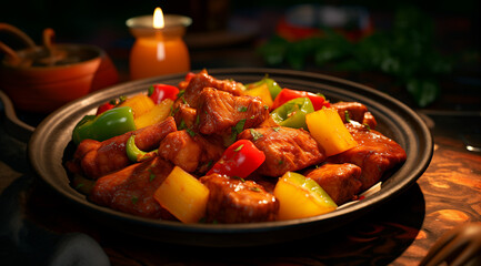 Sweet and Sour Pork: Deep-fried pork pieces coated in a tangy sauce made from vinegar, sugar, ketchup, and soy sauce, mixed with bell peppers, onions, and pineapple for a sweet and tangy flavor