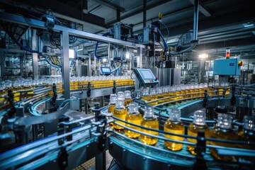 Process of beverage manufacturing on a conveyor belt at a factory.