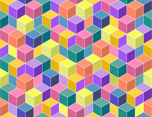 Bright colorful seamless geometric pattern. Repeatable 3d cubes background. Decorative endless vibrant texture. Children textile print