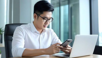 Close up of businessman using mobile smart phone during working on laptop computer at office. Asian business man hand holding smartphone, connecting the internet, online working