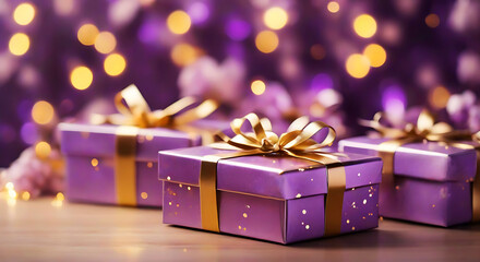 Gorgeous Lilac and Golden Shiny Gift Boxes Amidst a Background of Warm Lights