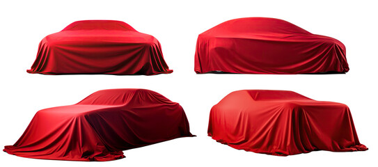 Set of red fabrics draping over cars, cut out